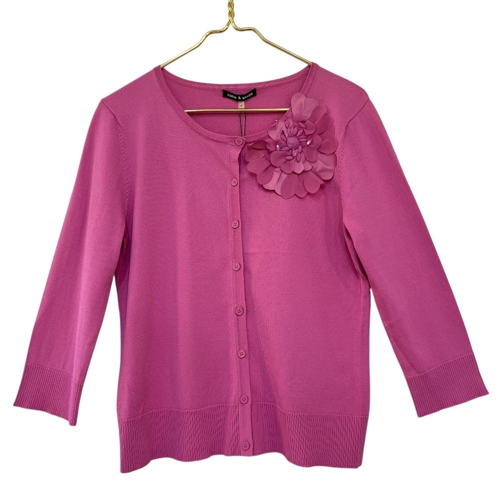 Cable & Gauge Pink Cardigan Sweater 3D Floral Embellished Button Front NWT